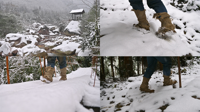 茶马古道寒冬雪景背夫穿草鞋雪地中行走