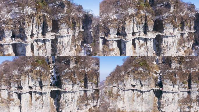 4K航拍陕西汉中龙头山雪景栈道