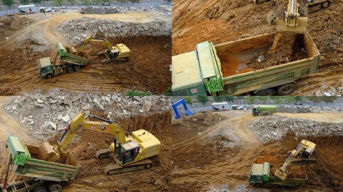 工地施工挖掘钩机泥土车施工