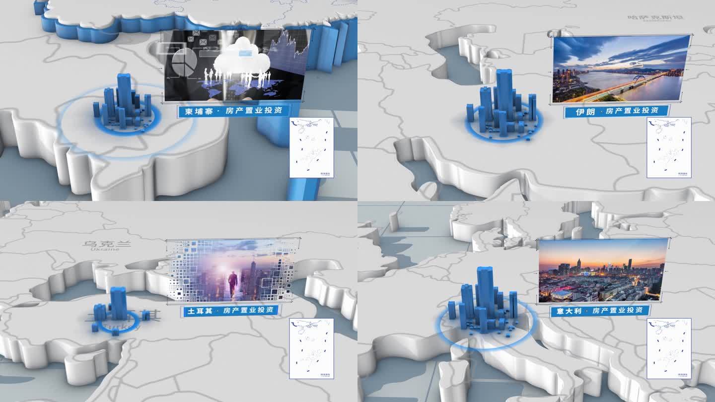 E3D简洁科技世界地图建筑矩阵定