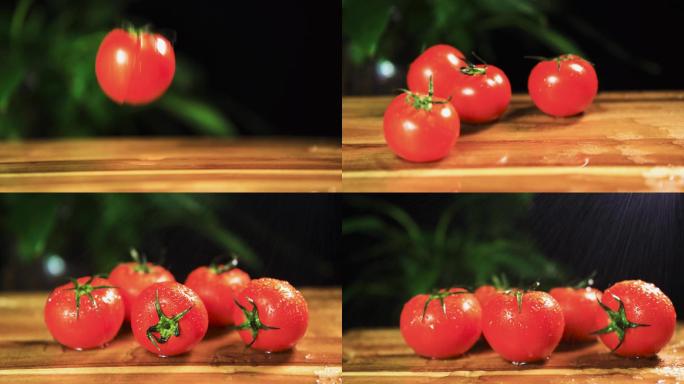 西红柿掉落切西红柿洒水水珠生鲜农产品