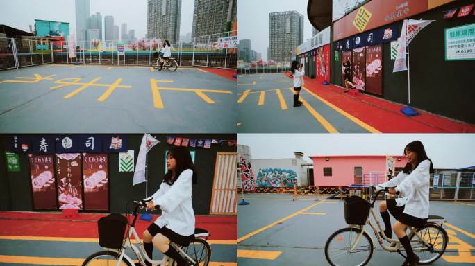 4K网红拍摄场日本街景布景少女骑车空镜