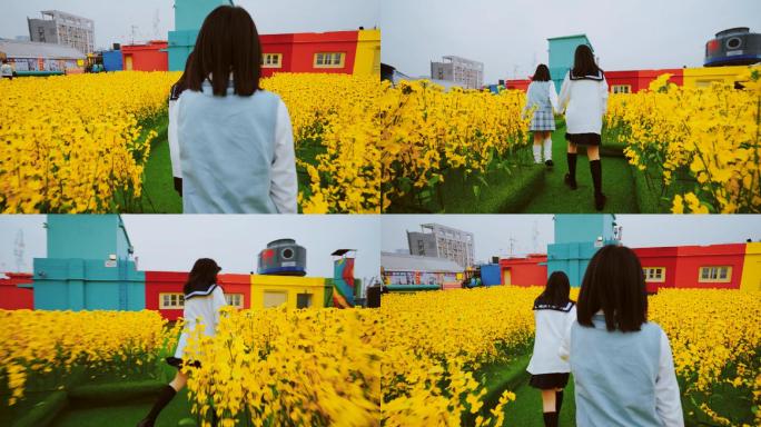4K少女奔跑穿过油菜花田唯美日系风空镜