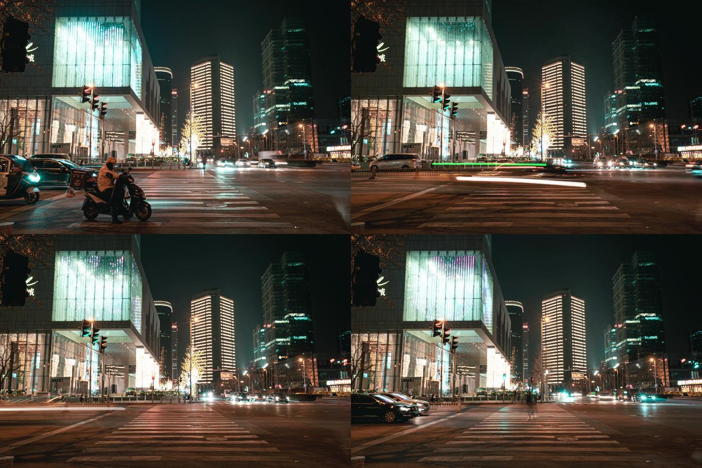 北京国贸夜间街道路口广角延时摄影