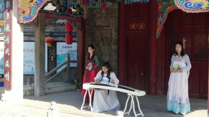 航拍运河古镇传统节日古筝演奏