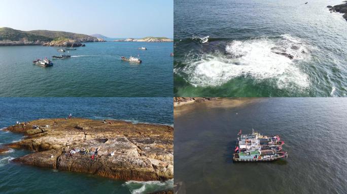 航拍宁波渔山列岛海洋海浪海钓焦岛渔船亚洲