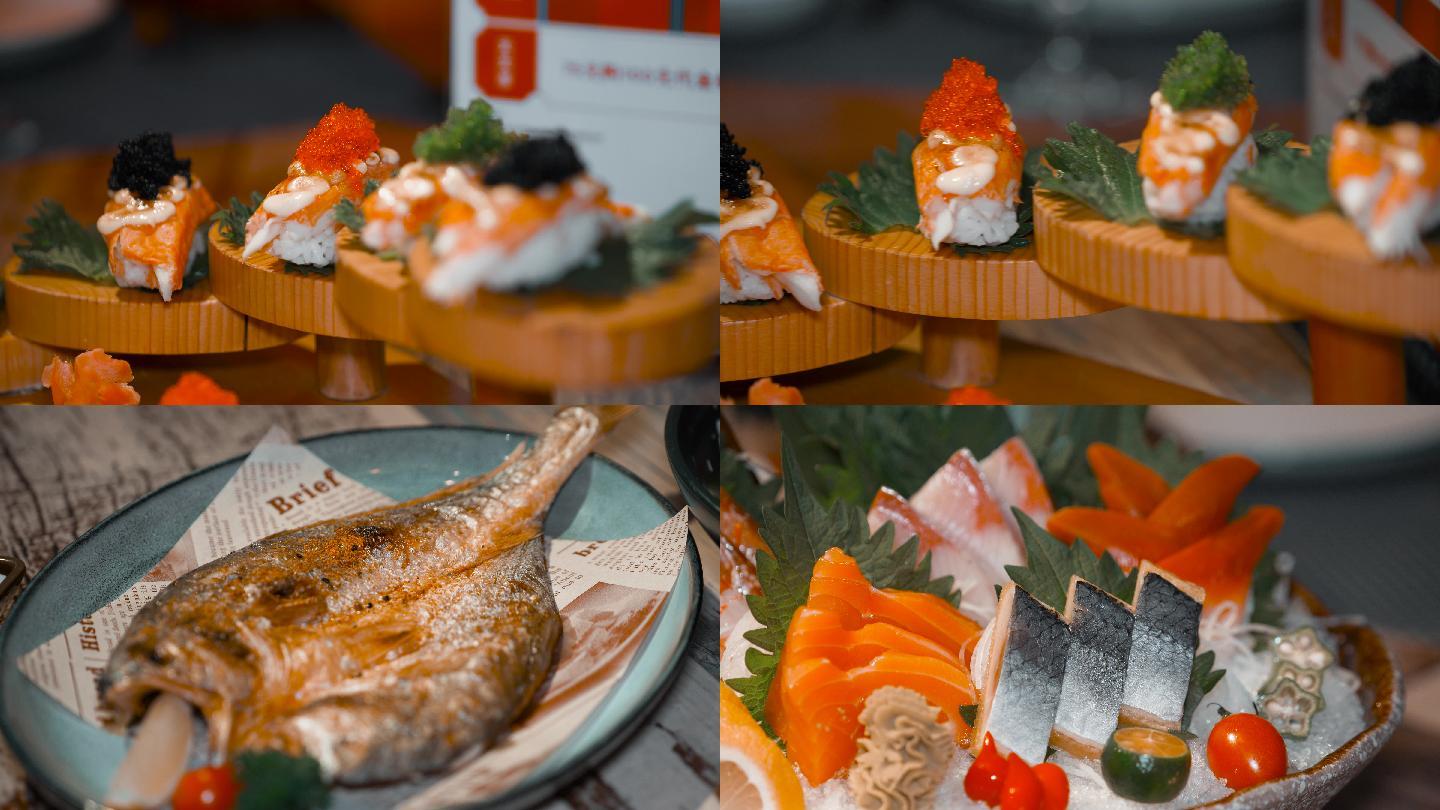 4K西餐厅菜品寿司刺身拼盘烤鱼唯美空镜
