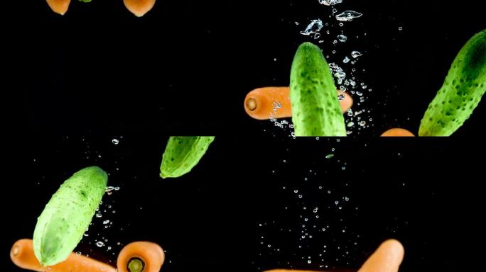 高速拍摄落入水中的蔬菜