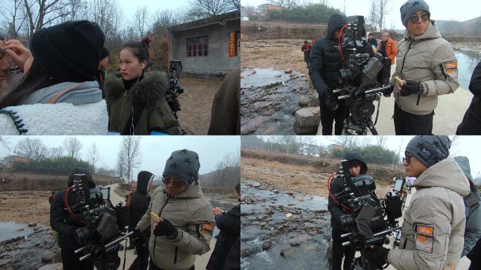 影视剧组冬季在小溪边拍摄化妆