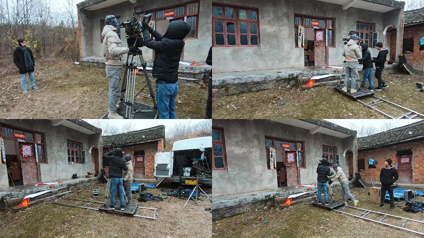 影视剧组冬季在拍摄农村题材影片