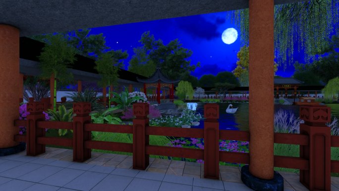 园林花园回廊走廊亭子水池-夜景