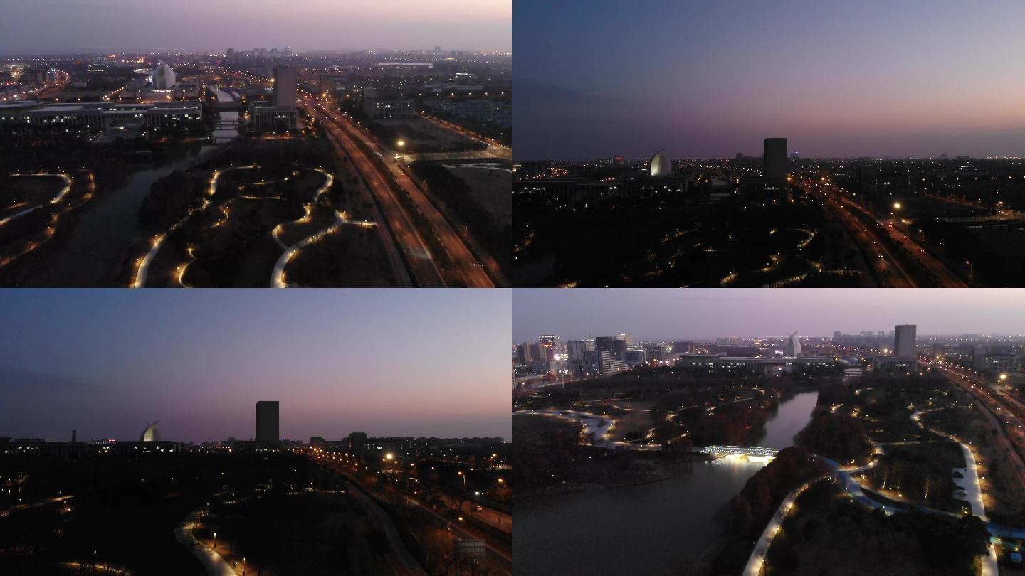 上海浦东临港新区航拍城市公园夜景