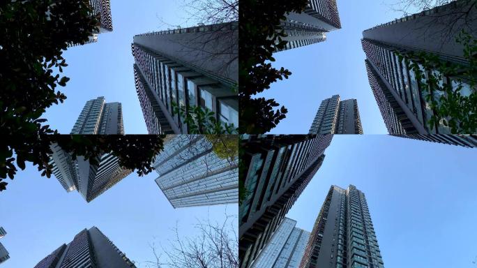 城市高楼下仰望蓝天阳光4K