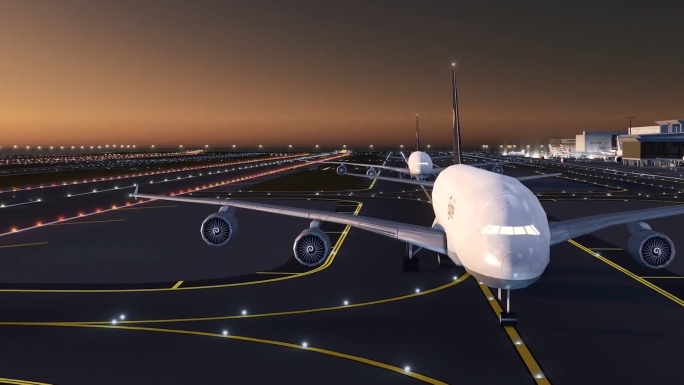 夜晚机场飞机三维动画