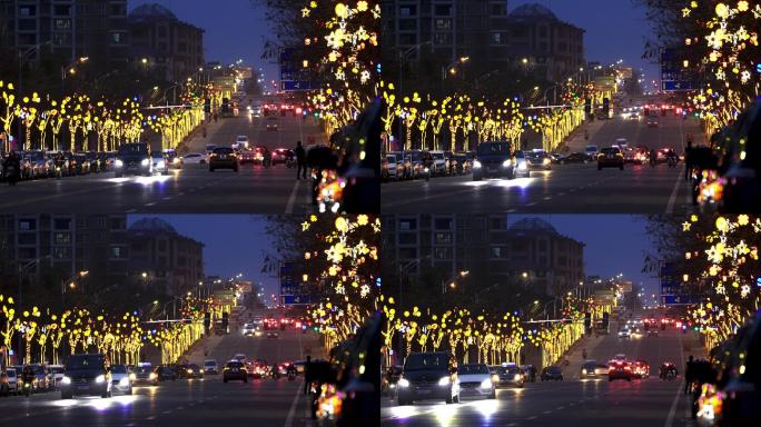 4K信阳春节街道彩灯装饰车流夜景