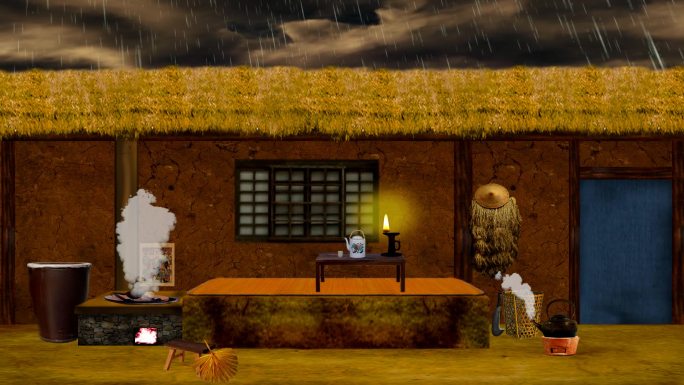 古代贫穷草屋民房室内-雨景