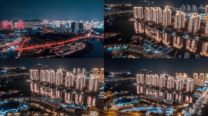 三亚鸿洲江山码头凤凰岛夜景航拍延时