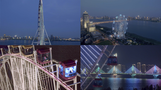 江西南昌红谷滩摩天轮朝阳大桥航拍夜景