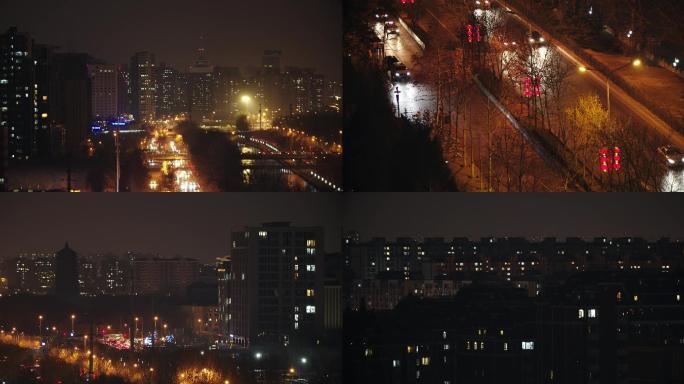 俯拍过年街景，北京春节夜景，城市街道4k