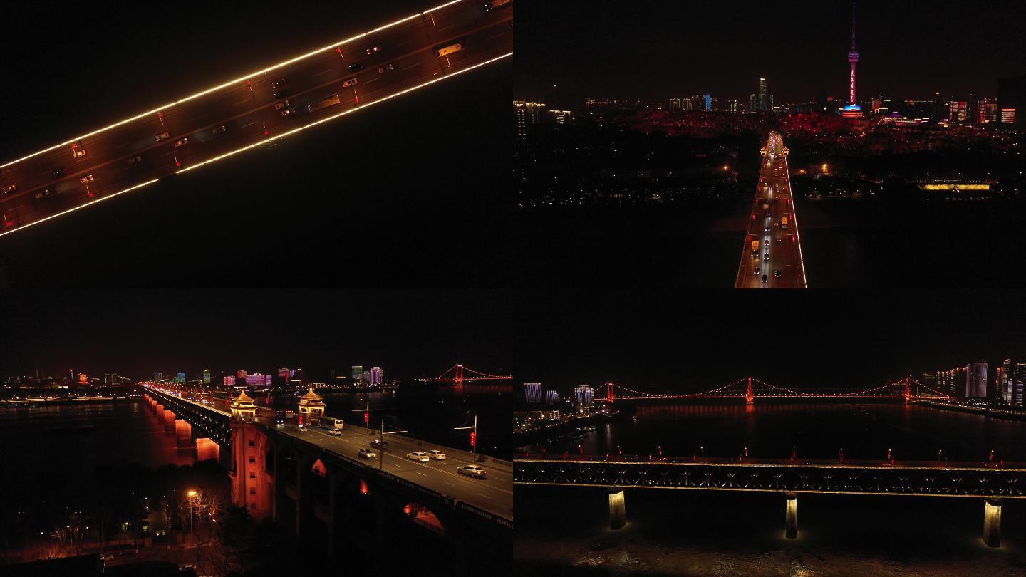 武汉长江大桥夜景4K航拍