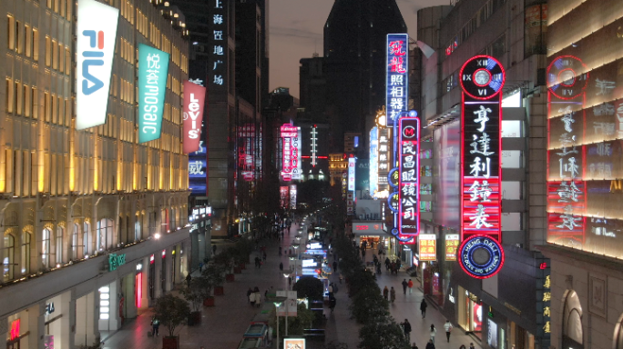 上海南京路步行街4K夜景航拍