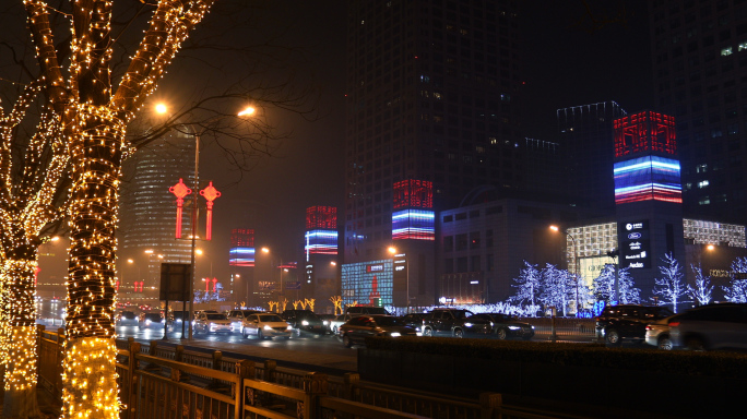 北京春节街景，都市过年夜景，中国结道路