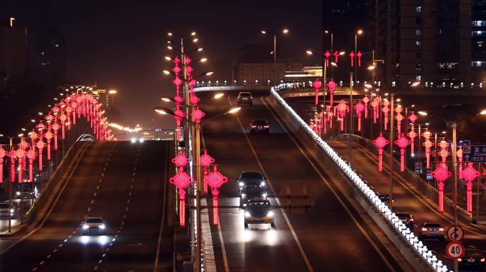 北京春节街道路灯夜景过年，深夜城市街景