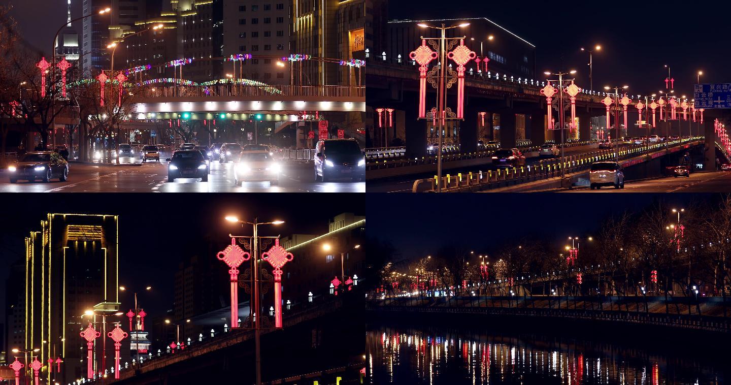 北京春节中国结都市春节夜景繁华车流，街景