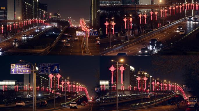 北京新年春节路灯，过年街景，城市车流夜景