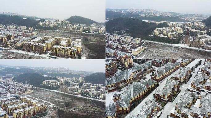 重庆仙女山镇别墅群冰雪冬季航拍素材