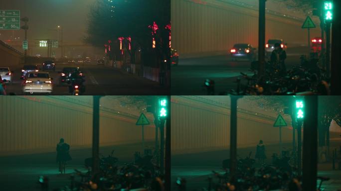 夜晚北京雾霾，环境污染，恶劣天气，车流