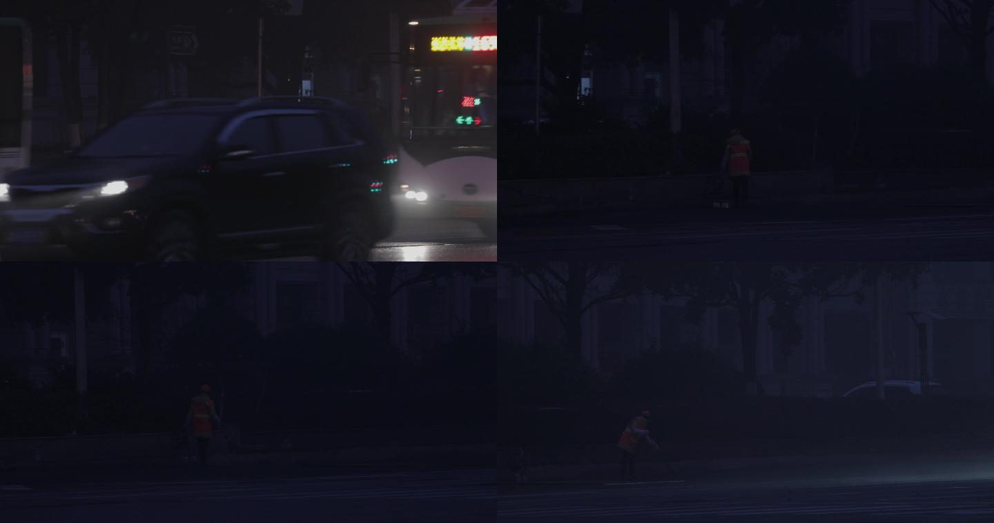 4K凌晨大雾中的道路清洁工04