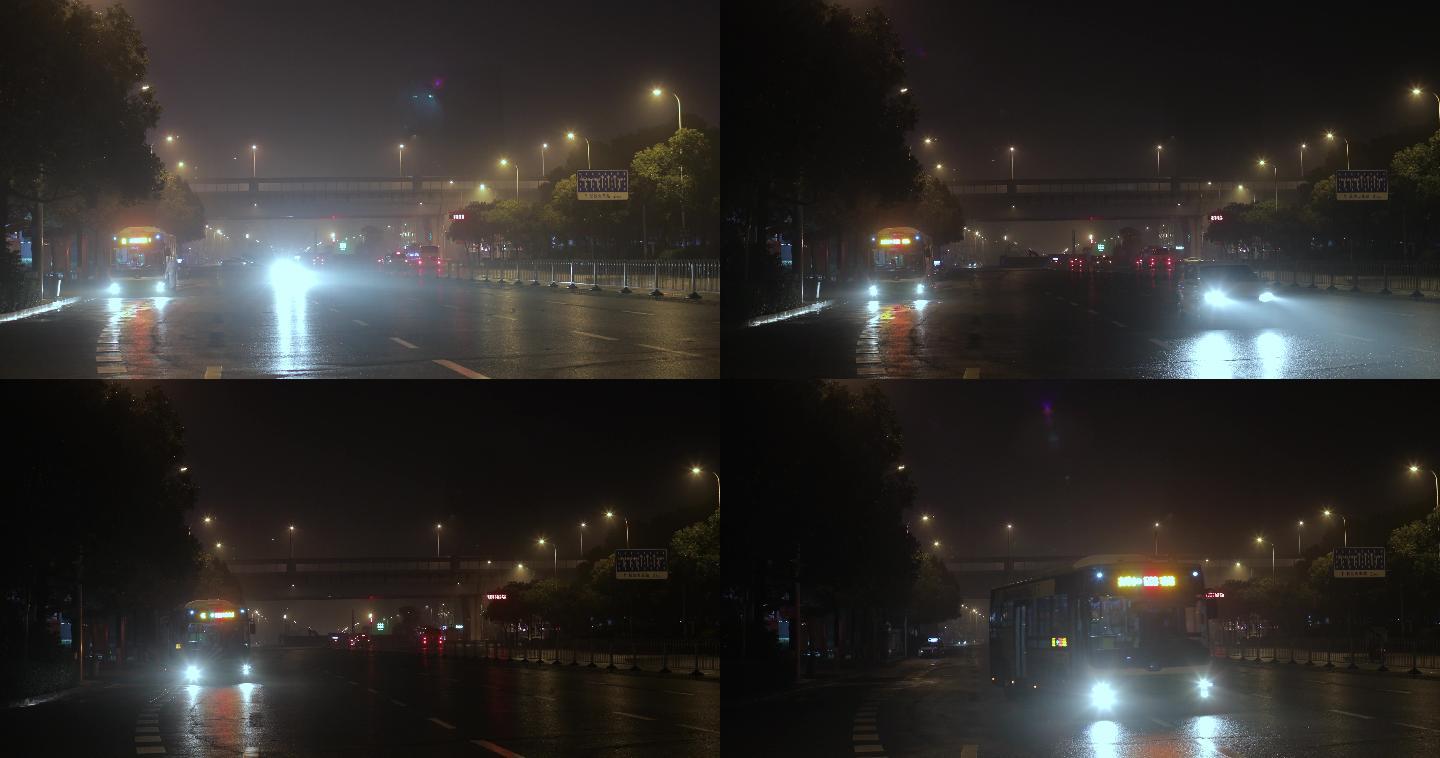 4K凌晨大雾下的首班公交车