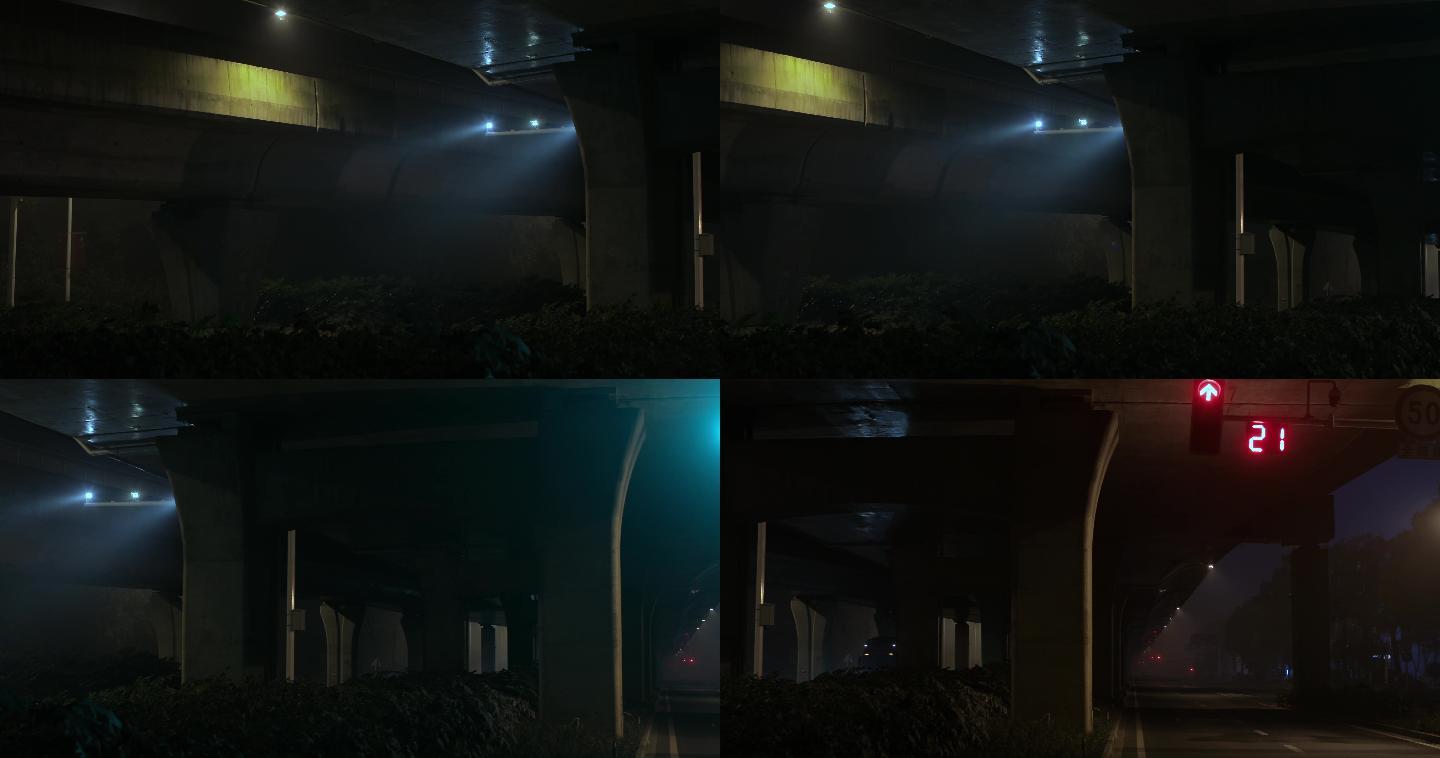 4K凌晨浓雾下的城市高架桥下03