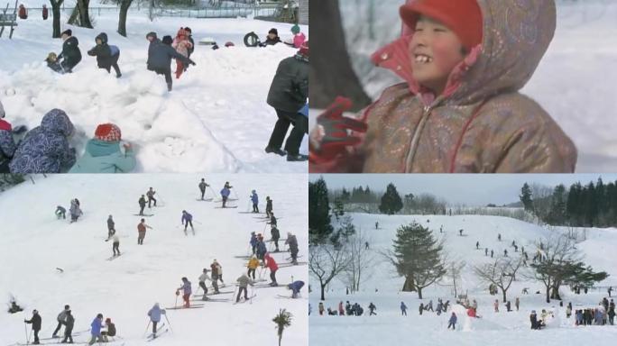 改革开放冬季城市儿童游戏玩耍打雪仗堆雪人
