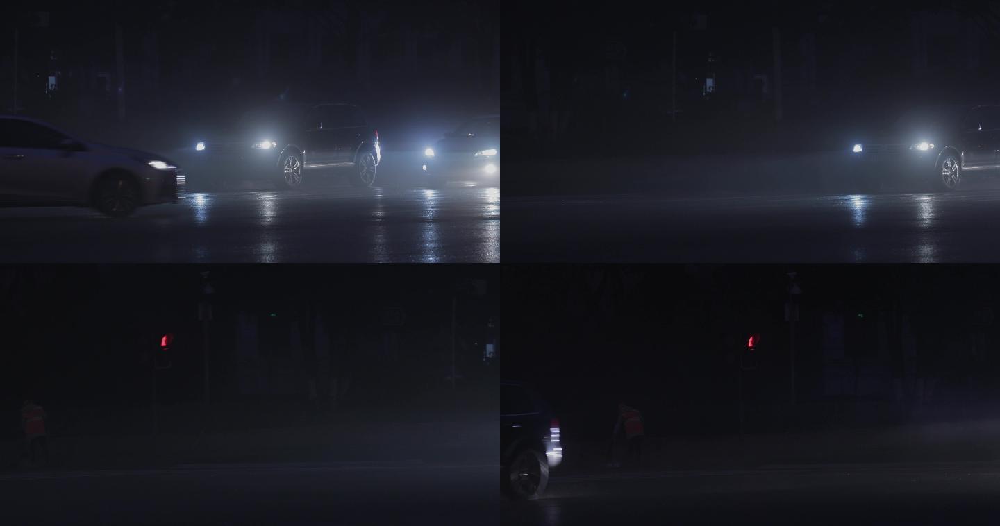 4K凌晨大雾中的道路清洁工02