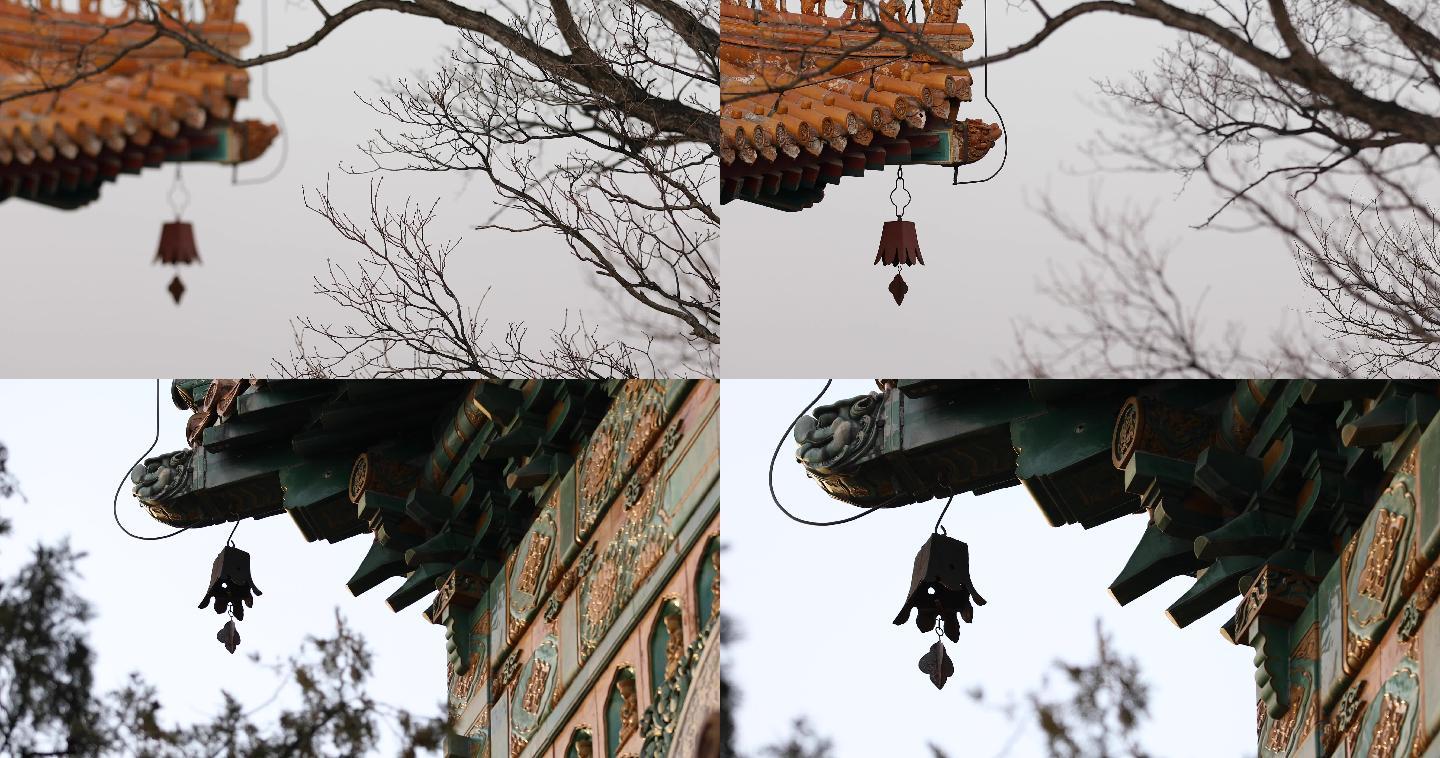 古风风铃 铃铛古建筑，冬天干树枝意境4k