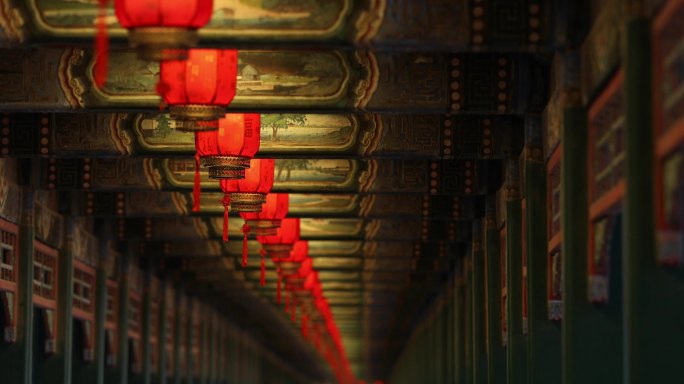 古风红灯笼-北京唯美长廊夜景4k