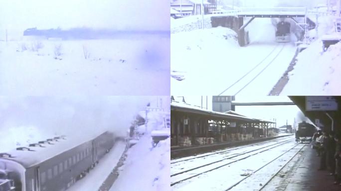 冬季雪中老式火车列车进站乘客站台
