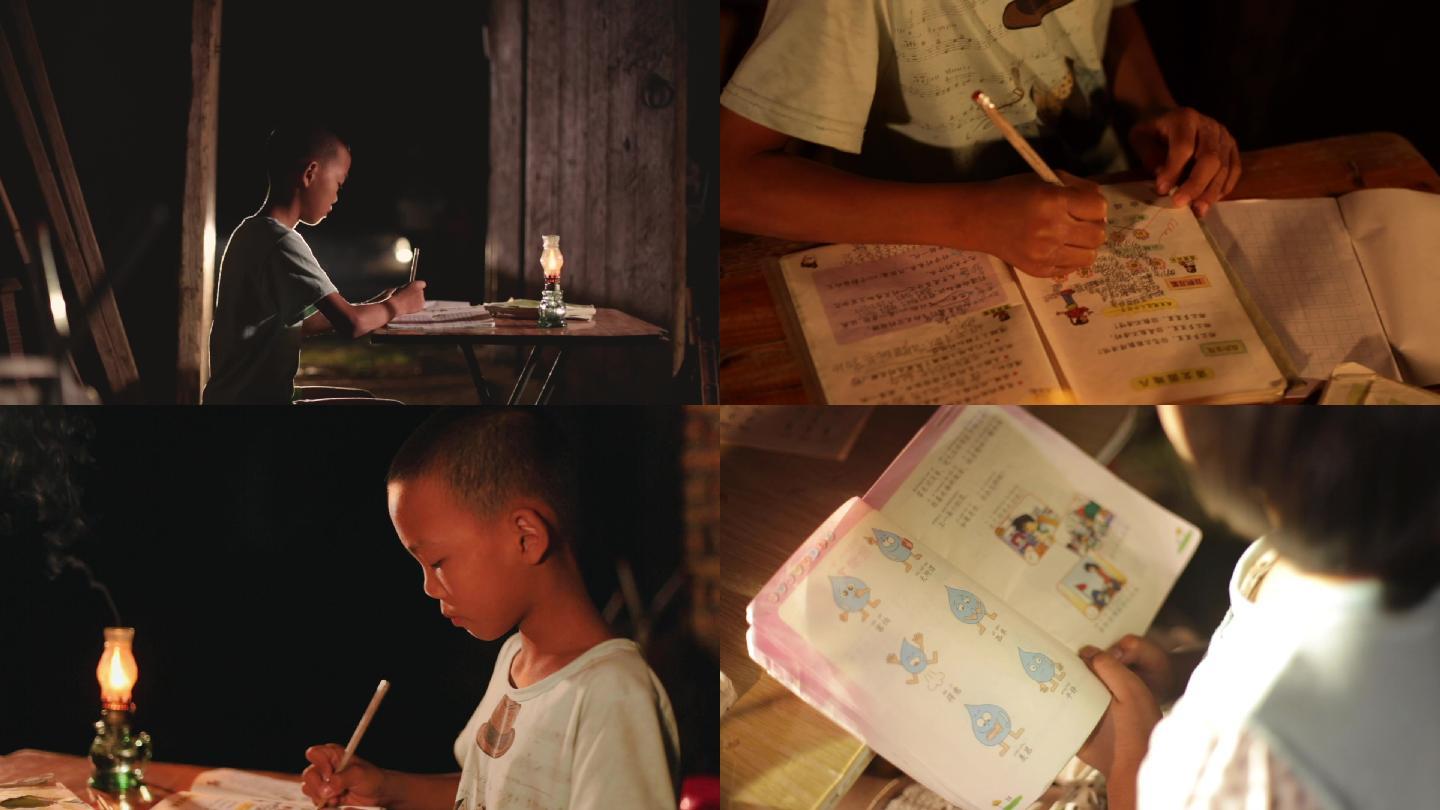 小孩农村挑灯烛火学习做作业