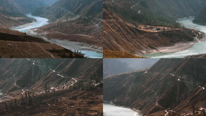 4k长江云南金沙江黄土高山蜿蜒曲折山路