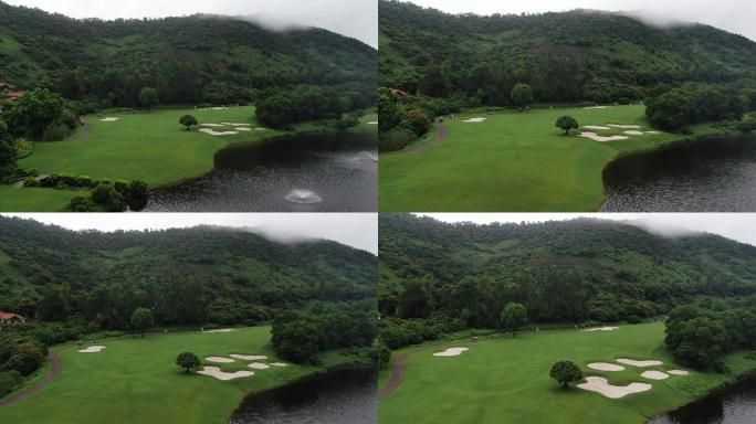 高清航拍南沙高尔夫球会雨天森林