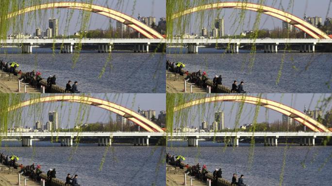 4K河南省信阳市浉河旁边钓鱼的人群