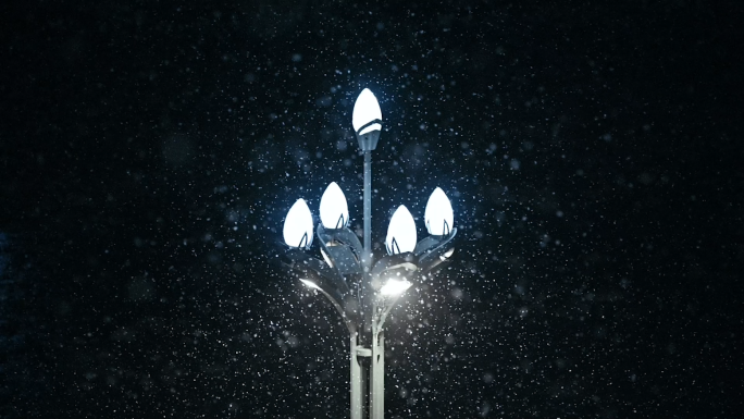 升格拍摄寒冷冬夜飘雪的路灯