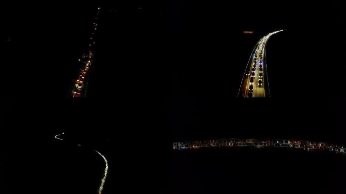 航拍高速公路夜间堵车排长龙