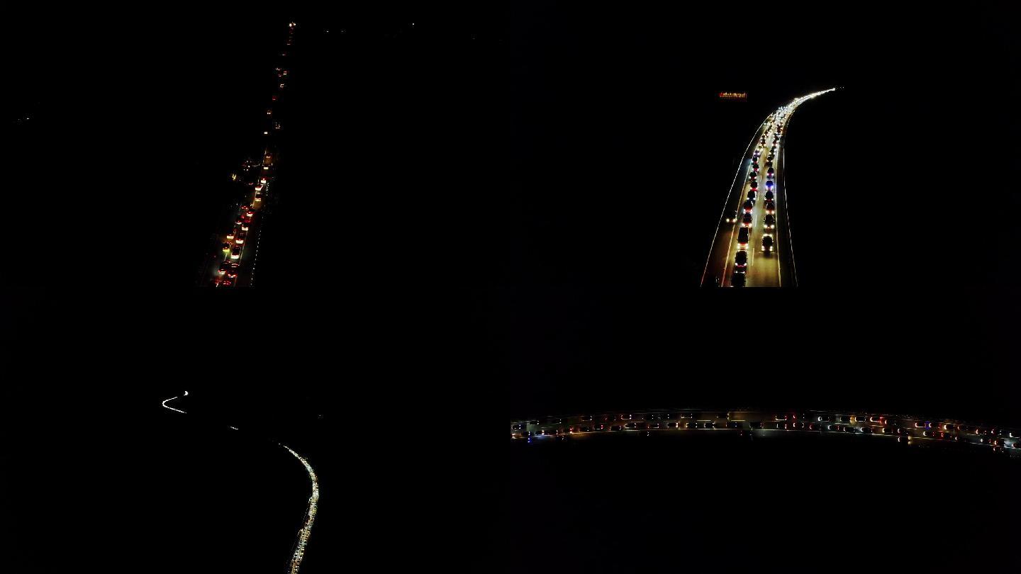 航拍高速公路夜间堵车排长龙