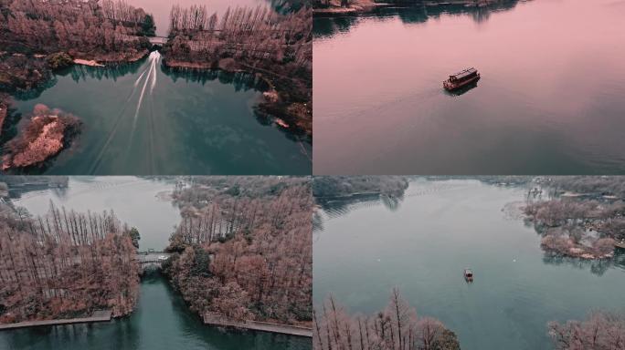 杭州西湖杨公堤隐秀桥西湖游船航拍4k素材