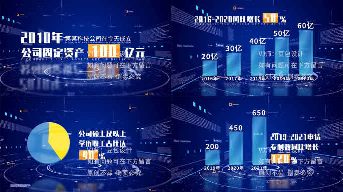 蓝色科技简洁数据柱状图饼状图