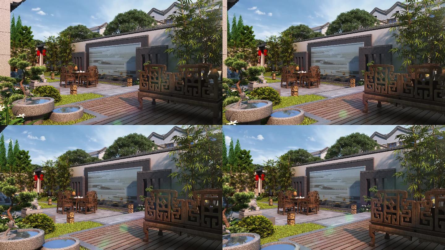 新中式三维建筑漫游动画地产别墅庭院院落
