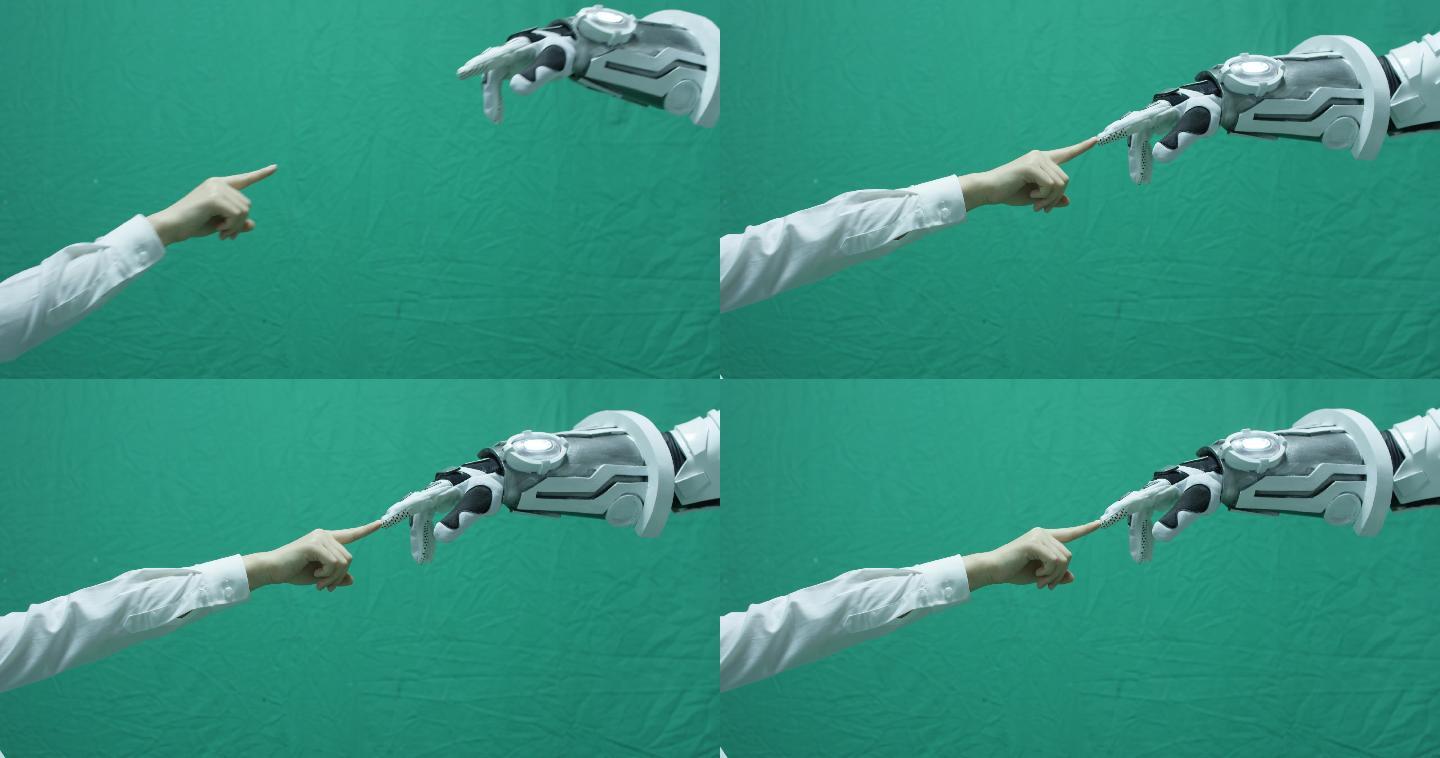 4K高清绿布升格科幻战士与人类手指接触。